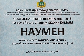Диплом команды NAUMEN по волейболу | 2 место, Вторая лига чемпионата города (Екатеринбург, 2018)